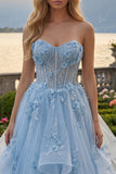 Blue Sweetheart Sheer Corset Princess Long Prom Dress with 3D Flowers