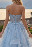 Blue Sweetheart Sheer Corset Princess Long Prom Dress with 3D Flowers
