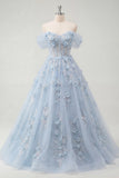 Off The Shoulder Blue Princess Corset Tulle Long Prom Dress with 3D Flowers