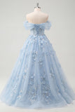 Off The Shoulder Blue Princess Corset Tulle Long Prom Dress with 3D Flowers
