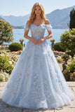 Off The Shoulder Blue Princess Corset Tulle Long Prom Dress with 3D Flowers