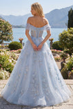 Off The Shoulder Blue Princess Corset Tulle Long Prom Dress with 3D Flowers