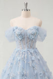 Off The Shoulder Blue Princess Corset Tulle Long Prom Dress with 3D Flowers
