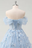 Off The Shoulder Blue Princess Corset Tulle Long Prom Dress with 3D Flowers