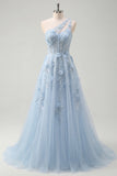 Blue A Line Corset One Shoulder Cut Out Long Prom Dress with 3D Flowers