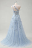 Blue A Line Corset One Shoulder Cut Out Long Prom Dress with 3D Flowers