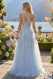 Blue A Line Corset One Shoulder Cut Out Long Prom Dress with 3D Flowers