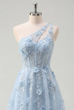 Blue A Line Corset One Shoulder Cut Out Long Prom Dress with 3D Flowers