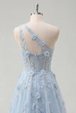 Blue A Line Corset One Shoulder Cut Out Long Prom Dress with 3D Flowers
