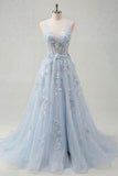 Blue A Line 3D Flowers Sheer Corset Long Prom Dress with Slit
