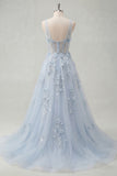 Blue A Line 3D Flowers Sheer Corset Long Prom Dress with Slit
