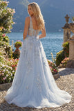 Blue A Line 3D Flowers Sheer Corset Long Prom Dress with Slit