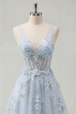 Blue A Line 3D Flowers Sheer Corset Long Prom Dress with Slit