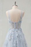 Blue A Line 3D Flowers Sheer Corset Long Prom Dress with Slit