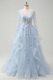 Blue Ruffled A Line Sheer Corset Long Sleeves Prom Dress with 3D Flowers