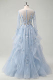 Blue Ruffled A Line Sheer Corset Long Sleeves Prom Dress with 3D Flowers
