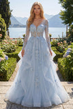 Blue Ruffled A Line Sheer Corset Long Sleeves Prom Dress with 3D Flowers