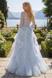 Blue Ruffled A Line Sheer Corset Long Sleeves Prom Dress with 3D Flowers