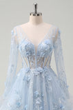 Blue Ruffled A Line Sheer Corset Long Sleeves Prom Dress with 3D Flowers