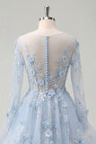 Blue Ruffled A Line Sheer Corset Long Sleeves Prom Dress with 3D Flowers