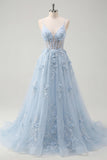 Blue A Line Sheer Corset Spaghetti Straps Long Prom Dress with 3D Flowers