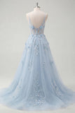 Blue A Line Sheer Corset Spaghetti Straps Long Prom Dress with 3D Flowers