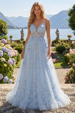 Blue A Line Sheer Corset Spaghetti Straps Long Prom Dress with 3D Flowers