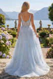 Blue A Line Sheer Corset Spaghetti Straps Long Prom Dress with 3D Flowers
