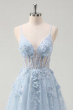 Blue A Line Sheer Corset Spaghetti Straps Long Prom Dress with 3D Flowers
