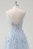 Blue A Line Sheer Corset Spaghetti Straps Long Prom Dress with 3D Flowers