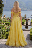 Sparkly Yellow A Line Off The Shoulder Corset Long Prom Dress with Sequins