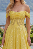 Sparkly Yellow A Line Off The Shoulder Corset Long Prom Dress with Sequins