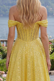 Sparkly Yellow A Line Off The Shoulder Corset Long Prom Dress with Sequins