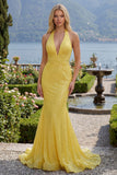 Yellow Halter Mermaid Ruched Backless Long Prom Dress with Sequins