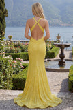 Yellow Halter Mermaid Ruched Backless Long Prom Dress with Sequins