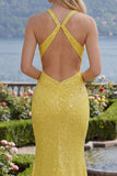 Yellow Halter Mermaid Ruched Backless Long Prom Dress with Sequins