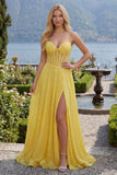 Sweetheart Yellow Sequin Corset A Line Long Prom Dress with Slit
