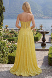 Sweetheart Yellow Sequin Corset A Line Long Prom Dress with Slit