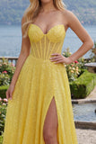 Sweetheart Yellow Sequin Corset A Line Long Prom Dress with Slit