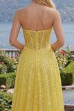 Sweetheart Yellow Sequin Corset A Line Long Prom Dress with Slit