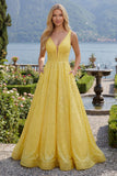 Sparkly Yellow A Line V-Neck Sequin Long Prom Dress with Pockets