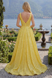 Sparkly Yellow A Line V-Neck Sequin Long Prom Dress with Pockets