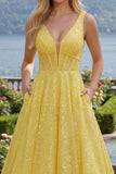 Sparkly Yellow A Line V-Neck Sequin Long Prom Dress with Pockets