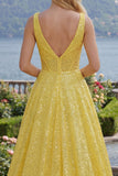 Sparkly Yellow A Line V-Neck Sequin Long Prom Dress with Pockets