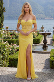 Off The Shoulder Mermaid Yellow Corset Sequin Long Prom Dress with Slit