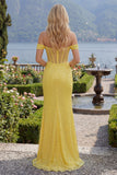 Off The Shoulder Mermaid Yellow Corset Sequin Long Prom Dress with Slit