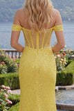 Off The Shoulder Mermaid Yellow Corset Sequin Long Prom Dress with Slit