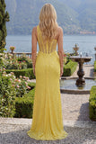 Yellow Sequin One Shoulder Mermaid Corset Long Prom Dress with Slit