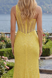 Yellow Sequin One Shoulder Mermaid Corset Long Prom Dress with Slit