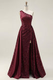 Burgundy One Shoulder Sequin A Line Ruched Long Prom Dress with Slit